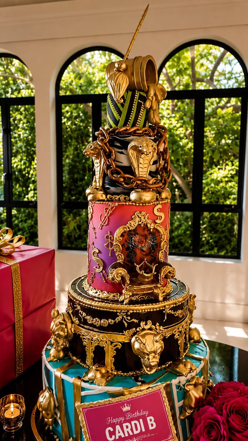 Five tier Cardi B birthday cake designed by Bad Beans